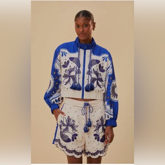FARM Rio Pants - Farm Rio Artisanal Embroidered Resortwear/Beach Shorts Blue White XS Tassel Tie